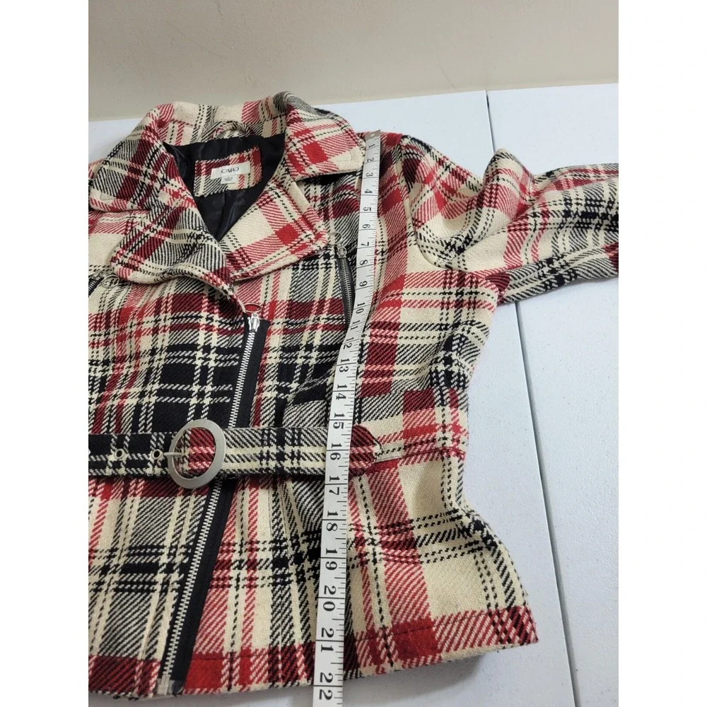 Cato Plaid Moto Jacket Belted Zip‎ Biker Chic Red Black Womens Size Large